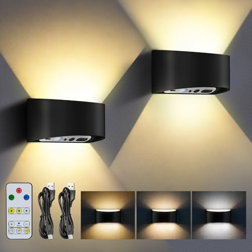 2 Stück Wandleuchte Innen mit Bewegungsmelder, Akku LED Wandlampe Innen Aufladbar 5000mAh, Kabellose Wandleuchte mit Fernbedienung, 3 Farbtemperaturen Dimmbar, 2 Montagemöglichkeiten Flur Treppenhaus