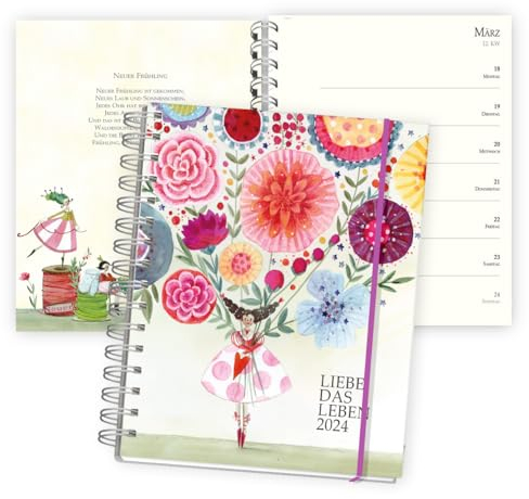 Kalender 2024 Planer DIN A5 Ringbuch I Taschenkalender Liebe das Leben I 1 Woche 2 Seiten Terminplaner, liebevoll illustriert mit motivierenden Sinnsprüchen