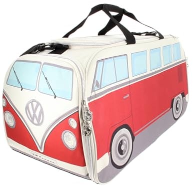 BRISA VW Collection - Volkswagen Retro-Sport-Umhänge-Schulter-Fitness-Tasche im T1 Bulli Bus Form (Groß/Classic Bus/Rot & Beige)