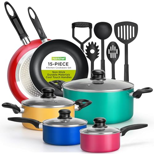 NutriChef 15 Piece Nonstick Pots and Pans Kochgeschirr-Set mit Deckel und Kochutensilien für Zuhause, Küche und Reisen, Aluminium, Mehrfarbig