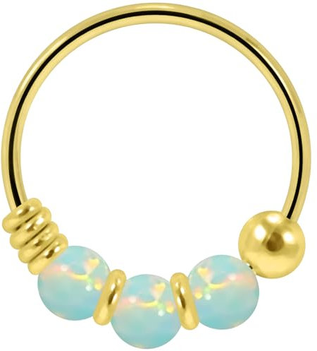 Monster Piercing Goldenes Nasenpiercing Nasenring Septum 9K Gold 22 Gauge mit 3 Opal Perlen Grün Biegbar Durchmesser: 8mm Ringstärke: 22G (0,6 mm) Nase Piercing Hypoallergen