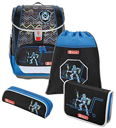 Step by Step Schulranzen-Set Light „Strongly Robot“ 4-teilig, blau-schwarz-grau, Roboter-Design, ergonomischer Tornister mit Reflektoren, höhenverstellbar für Jungen 1. Klasse, 18L