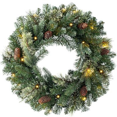 WeRChristmas Pre Lit Natural Pine Christmas Wreath with 20 Chasing Warm LED Lights, Multi-Colour, 2 feet/60cm