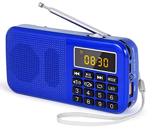 PRUNUS J-725 FM Radio Portatil Pequeña, Radio Digital Reloj Despertador, Radio Bateria Recargable de 3000mAh, Reproductor de AUX/USB/SD con Altavoz de 3W, Radio USB Portatil con Linterna LED(Azul)
