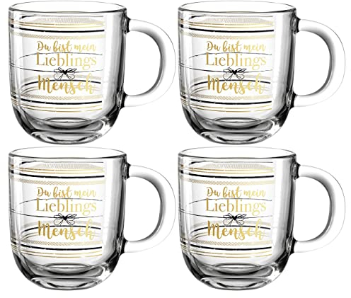 Leonardo Emozione Geschenk Tassen Lieblingsmensch, 4 Stück, spülmaschinengeeignete Glas-Tassen, Tee-Tassen mit goldenem Schriftzug, 400 ml, 046453