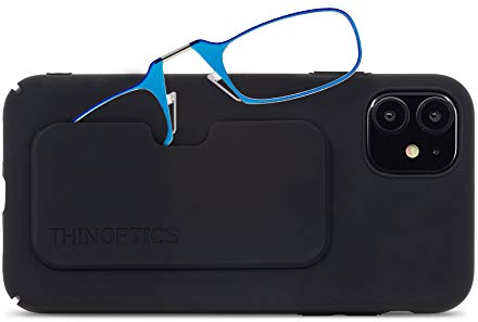 ThinOptics Reading Glasses 1.50 Blue Frames With Universal Pod Compact Case - Ultra-light Foldable Rectangular Glasses - Clip-on Nose - 1.50 Strength With Flex-Fit Technology