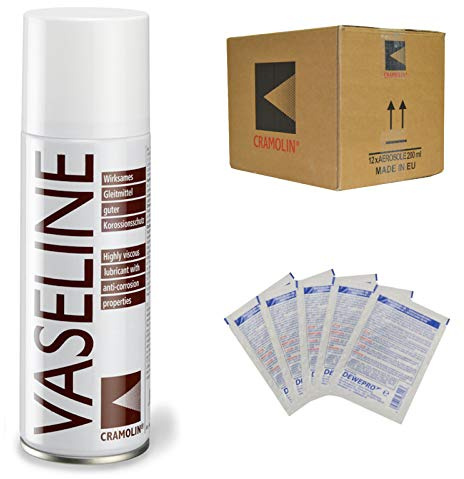VASELINE - VPE: 12 x 200ml Spraydose - universelles hochreines Gleitmittel - ITW Cramolin - 1141411 - weißes, säurefreies Korrosionsschutzmittel, inkl. 5 St. DEWEPRO® SingleScrubs