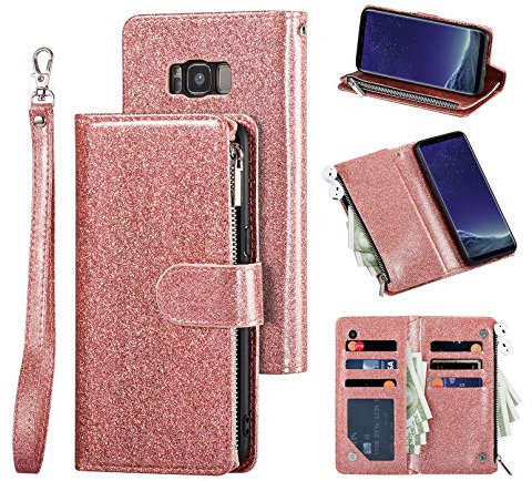 UEEBAI Handyhülle für Samsung Galaxy S8, Glitzer Reißverschluss Hülle Premium PU Leder Weich TPU Klapphülle Magnetverschluss Kartenfach Standfunktion Geldbörse mit Trageband Hülle - Roségold