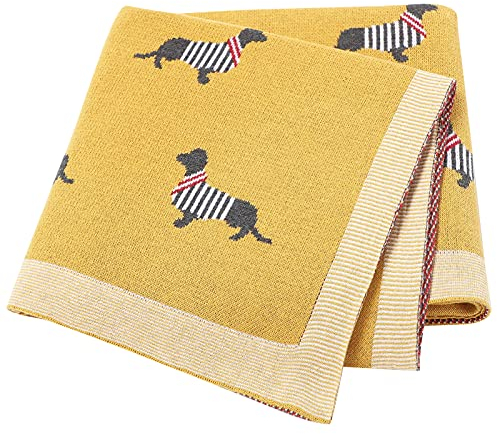 LAWKUL Babydecke 100% Baumwolle Weich Gestrickt Babydecken für Neugeborene Jungen Mädchen Dackel Wursthund 100x80cm Gelb