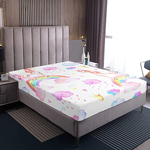 Loussiesd Mädchen Einhorn Spannbettlaken 140x200cm Rosa Regenbogen Einhorn Spannbetttuch Karikatur Pferd verträumt Märchen Bettlaken für Kinder Teenager Frauen Dekorativ Süß Schön Einhorn Muster
