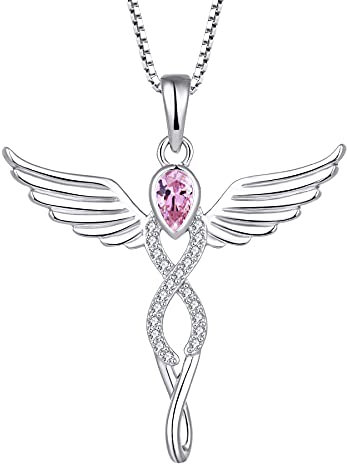 FJ Engelsflügel Damen 925 Sterling Silber Schutzengel Anhänger Halskette - Infinity Unendlichkeit Mit Rosa Turmalin Oktober Geburtsstein - Schmuck Geschenke für Frauen Mädchen