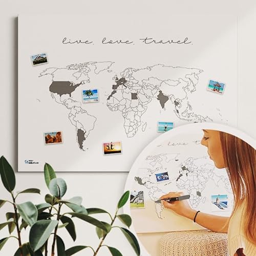 Weltkarte live.love.travel. - Weltkarte Pinnwand - Tolles Geschenk - Nachhaltig, handmade in Germany, ultralanglebig (Leinwandposter, 60x40cm)