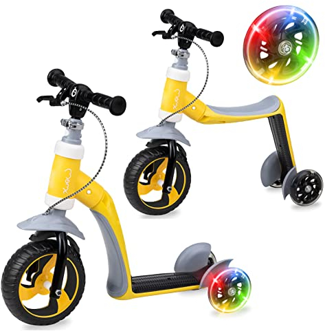 MoMi ELIOS 2-in-1 Laufrad und 3-Rad-Tretroller mit PU-Rollen, höhenverstellbarer Lenker, für Kinder ab 2. Lebensjahr und Körpergewicht unter 25 kg, LED-Rollen leuchten beim Fahren