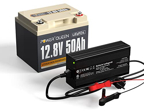 Power Queen 12,8V 50Ah LiFePO4 Akku Lithiumbatterie mit 14.6V 10A LiFePO4 Batterie Ladegerät Konstant Geladen Ideales Paket für Camping Reisemobil Wohnmobil Autarkes System Off-Grid-System