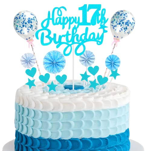 Happy 17th Birthday Tortendeko 17 jahre junge mädchen Kuchendeko 17. Geburtstag junge Blau Tortendeko 17. Geburtstag junge Tortendeko Blau Mit Herz Stern Ballon Glitter Cake Topper für 17 Geburtstag