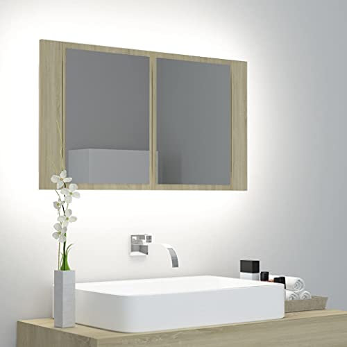 homiuse Armoire De Salle De Bain à Miroir à LED Chêne Sonoma 80x12x45CM Miroir Mural Miroir Maquillage avec 2 Étagères Meuble Miroir Durable Beau Couleur De Lumière Variable Style Minimaliste