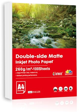 Inkuway A4 260gsm papel fotográfico de inyección de tinta mate de doble cara de espesor - 100 papel de impresión de inyección de tinta para folletos, tarjetas de libros fotográficos y cartón