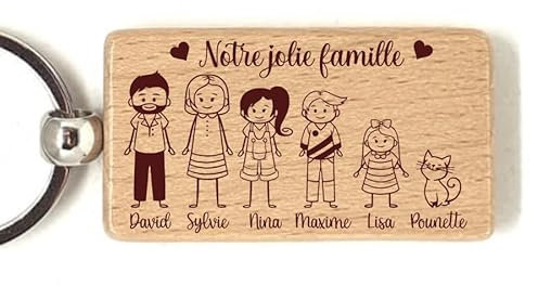 Porte clé notre famille en bois personnalisé avec les personnages de votre choix, cadeau fête des pères, des mères, des mamies...