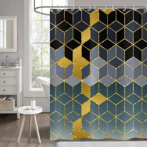 Hnmdmyi Rideau de Douche Marbre 180x200, Noir Gris Vert Ombre Rideau de Baignoire Grille Géométrique Scintillant Abstrait Moderne Luxe Art Imperméable Polyester Tissu Lavable Rideau de Bain