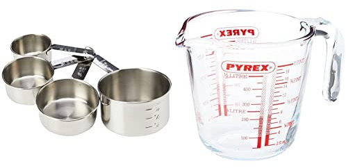 Dexam 17840994 Faringdon Set of 4 Stainless Steel Measuring Cups, 60, 80, 125, 250ml & Pyrex Measuring Jug 500ml | Capacity 568ml / 20 Ounce | P586