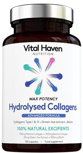 [Vital Haven] Advanced Beauty Support - Hydrolyzed Marine Collagen (Type I) + Hydrolysed Bovine Grass-Fed Collagen (Type III) + Green Tea + Biotin - Max Potency - Premium Ingredients - Made in The UK