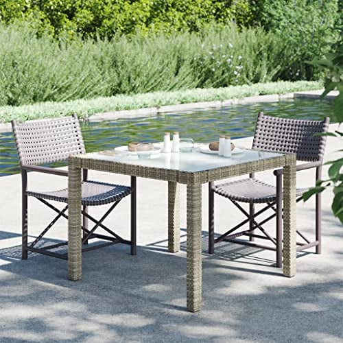 puraday Mesa de jardín de 90 x 90 x 75 cm, cristal templado, ratán gris, muebles de balcón, terraza, exterior, mesa de jardín, mesa de comedor, mesa de café, mesa de balcón, mesa de jardín, resistente