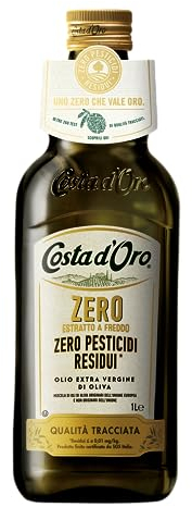 Costa d'Oro – ZERO 1L. Olio extravergine di oliva, primo in Italia certificato con zero pesticidi residui. ideale per piatti caldi e ricettati. Bottiglia da 1 litro.
