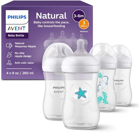 Philips Avent Natural Baby Bottles with Natural Response Nipples (Medium Flow, Flow 3), with Seahorse and Starfish Design, 9oz, 4-Pack, SCY903/68