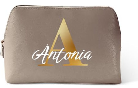 Love Faith Personalisierte Kosmetiktasche - individuelle Kulturtasche mit Initiale & Namen - Taupe - Robuster und praktischer Kulturbeutel - M