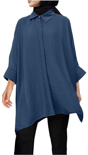 QWUVEDS Muslimische Abaya-Freizeithemden mit Langen Ärmeln Knöpfen für Damen, Dubai-Outfits Bluse Kurzarm Damen Sommer Figurbetont Kurz (Blue, S)