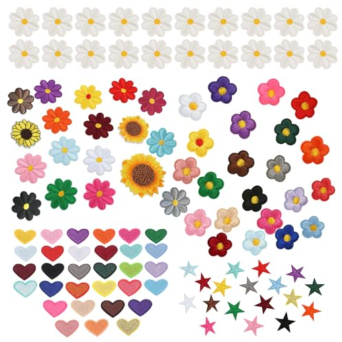 109 Toppe Termoadesive da Cucire - 18 Toppe + 22 Fiori + 31 Cuori + 18 Fiori Misti + 20 Piccole Margherite - Applicabili Con Ferro da Stiro
