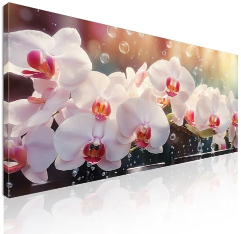 Quadro lungo per cucina moderna, quadro xxl natura, Orchidee Bianche e Rosa con gocce d'acqua, su tela, intelaiato pronto da appendere bow24-130x60 cm