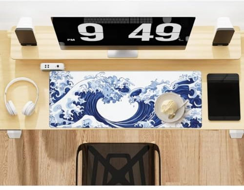 Tapis de Souris XXL 1500x800 mm Tapis de Souris Blanc sous Main Bureau, Tapis de Souris Vagues Mouse Pad, Tapis Souris Gamer XXL, Imperméable, Base Antidérapant, pour Maison/Bureau/Gamer -541HDM