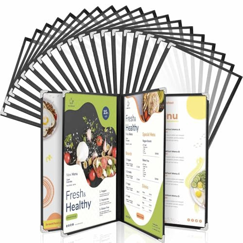20 Pack A4 Menu Covers, WenYa Clear Recipe Card Holders with Black Trim & Metal Corners, Waterproof Plastic Restaurant Menu Holders for Cafés, Pubs & Home Use - 4 Page (8 Views)