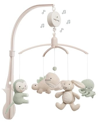 Baby's Only - Musik Mobile Baby Animals - Mit gestrickten Tieren - Baby Spieluhr mit Musik - Einfach anzubringen - Mobile Baby mit Musik - Sanfte Farben - Jungen und Mädchen - Laurel/Warm Linen