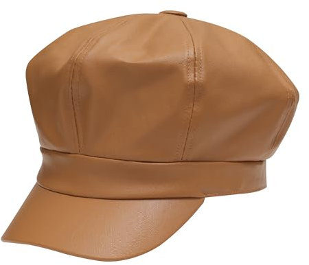 ZLYC Unisex PU Leder Ballonmütze Schirmmütze Retro Klassisch Achteck Kappe Winter Baskenmützen(Bäckerei Braun),Einheitsgröße