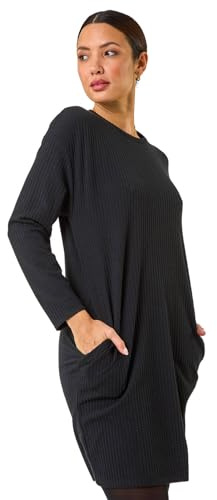 Roman Originals Ribbed Stretch Jumper Dress for Women UK - Ladies Everyday Autumn Winter Round Neckline Comfy Soft Evening Vacation Work Party Night Out - Black - Size 16