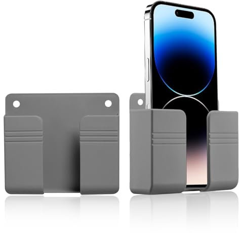 2 Pcs Wall Mount Phone Holder, Self-adhesive Mobile Phone Charger Holder, Cell Phone Adhesive Bedside Shelf Wall Mount Stand for Charger, TV Remote Holder Storage Box Universal (Grey)