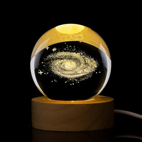 Elitecran 3D Kristallkugel Nachtlicht, Sonnensystem Planeten Glaskugel Lampe mit Holzsockel, USB Aufladung Kreative Astronomie LED Ball Lampe Geschenk für Weihnachten Geburtstag Valentinstag