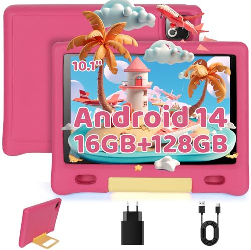 Hakaug 10 Inch Kids Tablet,Android 14, Octa Core Processor, 16GB RAM, 128GB ROM, 1TB TF, 5000mAh Battery, WiFi6, Bluetooth, Type-C,parental controls, Pink