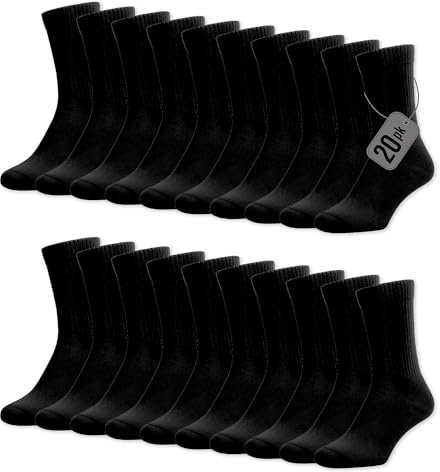The Essentials Wardrobe Mens Sports Socks 20 Pack Cushioned Athletic Black & White Socks Crew Running Walking Hiking Gym Trainer Breathable Cotton Outdoor & Everyday Wear UK Sizes 6–11