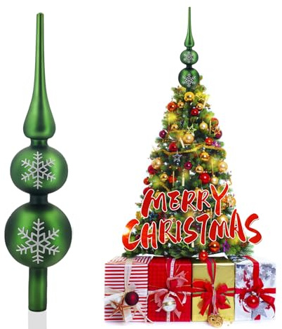SKYYUE Christbaumspitze Glas Weihnachtsbaumspitze Matt Christbaumspitze Grün 31 cm Christbaumschmuck Spitze, Baumspitze Weihnachten Tannenbaum Spitze Grün Christmas Tree Topper (Grün Silber)