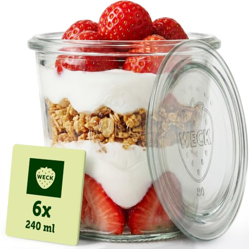WECK – Pot en Verre avec Couvercle – 240 ml – Lot de 6 – Empilables | Verrine avec couvercle – Verre résistant pour la conservation – Idéale pour les desserts – Fabriquée en Allemagne