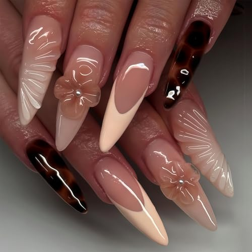 Auroriel 24 Pieces Long Almond Press on Nails Stiletto with 3D Flowers, Pearls and Leopard Design, Reusable Acrylic Fake Nails with French Tip for Women