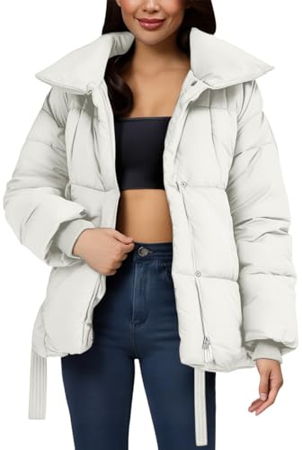FNKDOR Damen Winterjacke Warm Stehkragen Kurz Steppjacke Puffer Jacke Cotton Padded Wintermantel mit Gürtel (White, XL)
