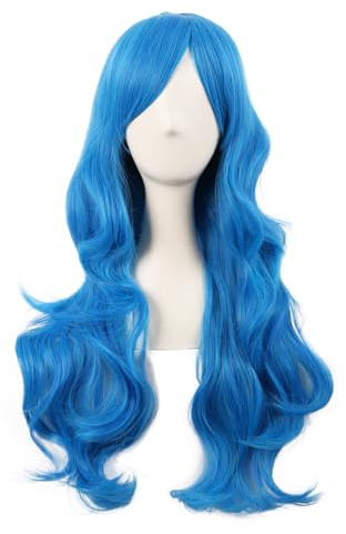 MapofBeauty 28 Inch Side Bangs Long Curly Synthetic Wig, Mixed Light Blue | 70 cm Wig, Charming,Full Hair,Women