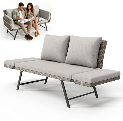 Balkonbank mit Liegefunktion,Liege Bank rattan 4-in-1 Gartenbank mit klappbaren Armlehnen,176cm Balkonsofa mit Kissen,abnehmbaren Sitzpolstern, Outdoor Lounge Sofa für Garten,Terrasse Balkon (Hell)