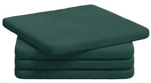 XHNIFBN Sitzkissen 4er Set Velours Dunkelgrün 40x40x3 cm – Weiche Stuhlkissen mit Reißverschluss und Bändern für Esszimmerstühle, Küchenstühle und Wohnbereiche