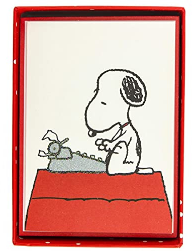 Graphique Peanuts Schreibmaschinen-Notizkarten, 16 Snoopy at Typewriter Karten verziert mit Glitzer, mit passenden Umschlägen und Aufbewahrungsbox, 8,3 x 12,1 cm