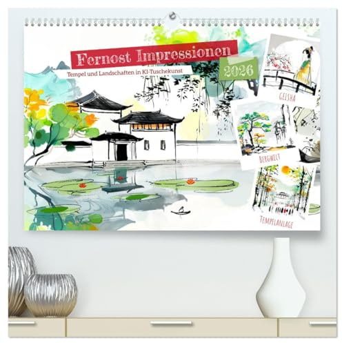 Fernost Impressionen - Tempel und Landschaften in KI-Tuschekunst (hochwertiger Premium Wandkalender 2026 DIN A2 quer), Kunstdruck in Hochglanz: ... chinesischer Malerei (CALVENDO Orte)